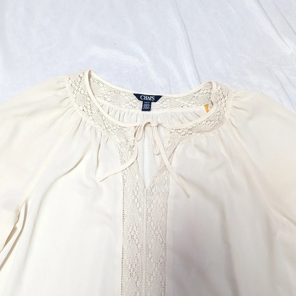 Chaps Cottagecore Cowgirl Boho Peasant Lace Trimmed Long Sleeve Blouse Medium - Picture 2 of 10